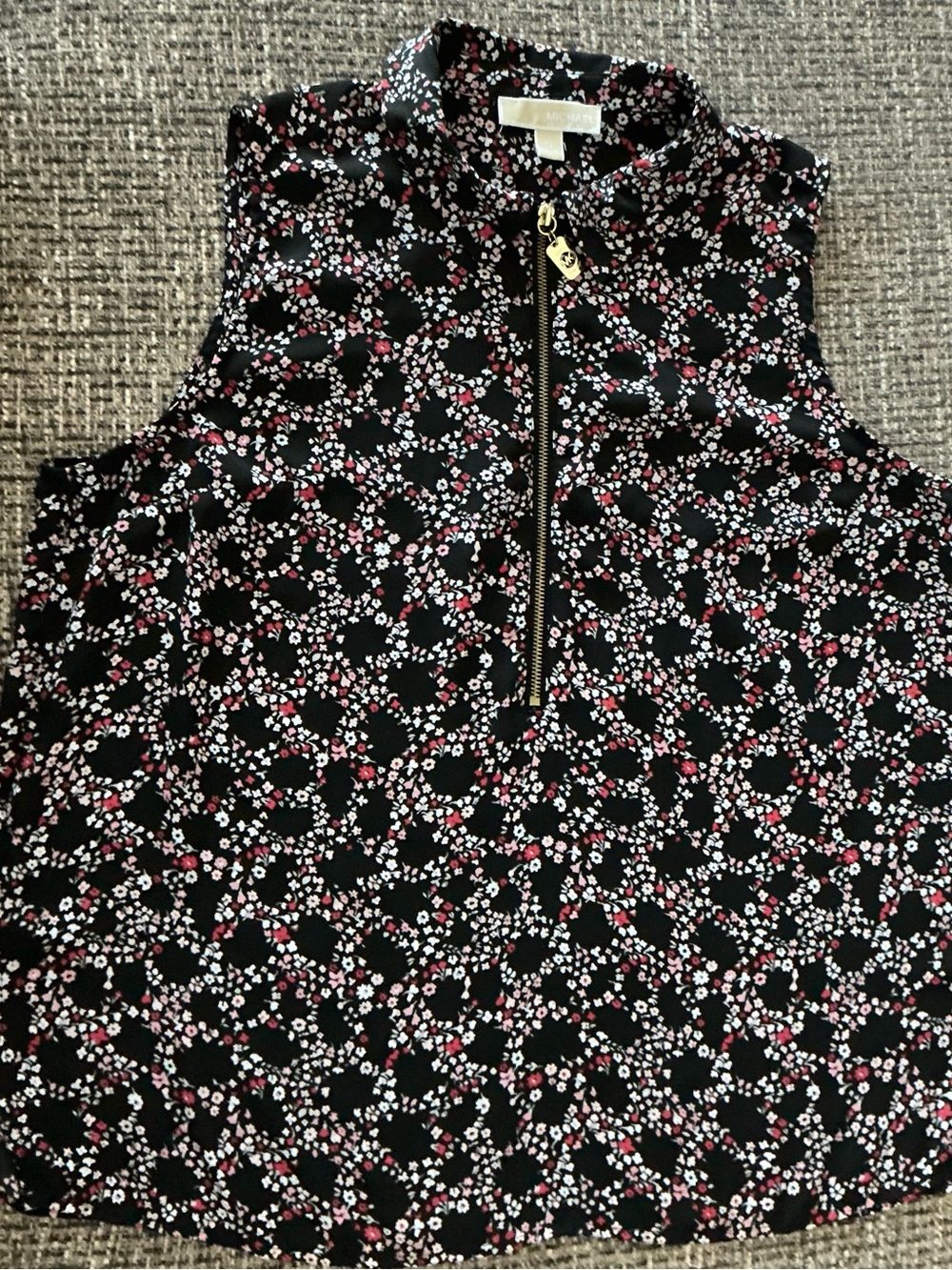 Michael Kors Black Floral Zip-Front Blouse with Gold Hardware - Picture 2 of 6